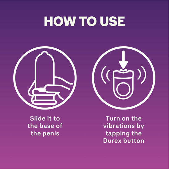 How to use: slide it to the base of the penis; Turn on the vibrations by tapping the Durex button