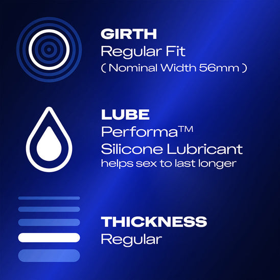 Girth: Regular Fit (Nominal Width 56mm); Lube: Performa TM Silicone Lubricant helps sex to last longer; Thickness: Regular