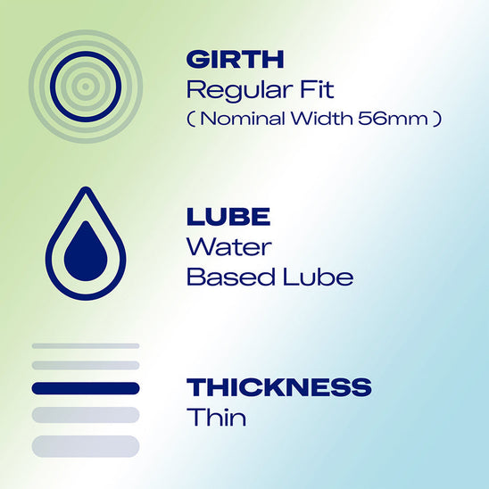 Girth: Regular Fit (nominal width 56mm); lube: water based lube; thickness: thin