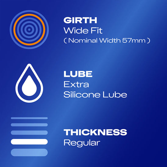 Girth: Wide Fit (nominal width 57mm); lube: extra silicone lube; thickness: regular