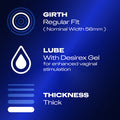 Girth: Regular Fit (nominal width 56mm); lube: with desirex gel for enhanced vaginal stimulation; thickness: thick