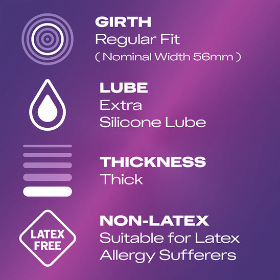 Girth: Regular Fit (Nominal Width 56mm); Lube: Extra Silicone Lube; Thickness: Thick; Non-Latex Suitable for Latex Allergy Sufferers