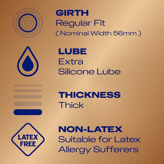 Girth: Regular Fit (Nominal Width 56mm); Lube: Extra Silicone Lube; Thickness: Thick; Non-Latex suitable for Latex Allergy Sufferers