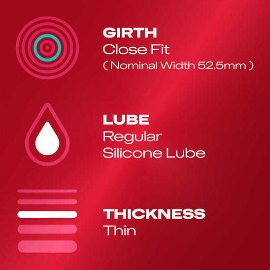 Girth: Close Fit (Nominal Width 52.5mm); Lube: Regular silicone lube; Thickness: Thin