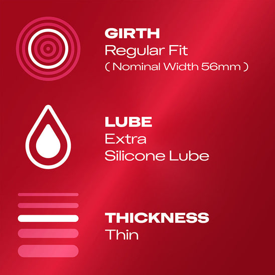Grith: Regular Fit (Nominal Width 56mm); Lube: Extra Silicone Lube; Thickness: Thin