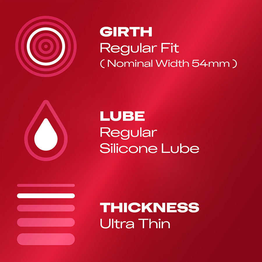 Girth: Regular Fit (Nominal Width 54mm); Lube: Regular silicone lube; Thickness: Ultra Thin