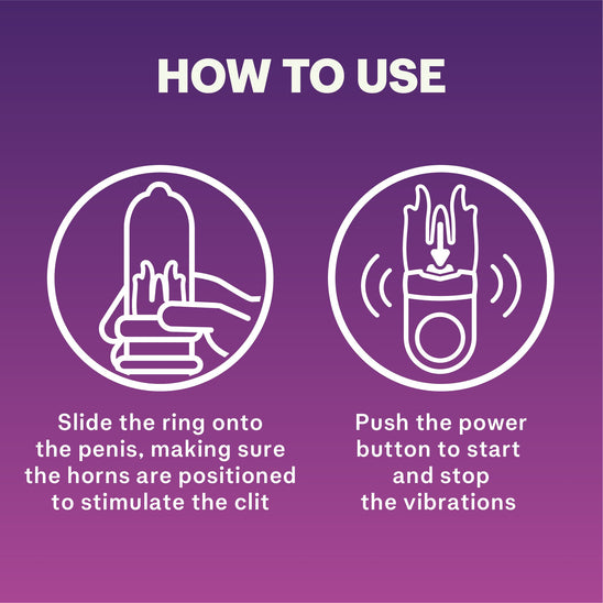 How to use: slide the ring onto the penis, making sure the horns are positioned to stimulate the clit; Push the power button to start and stop the vibrations 