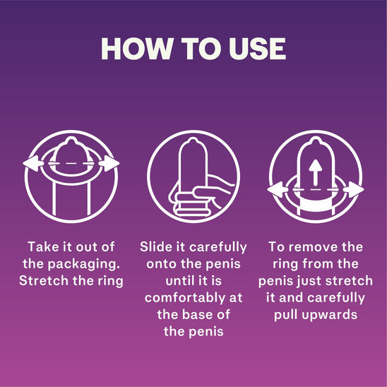 How to use: Take it out of the packaging. Stretch the ring. Slide it carefully onto the penis until it is comfortably at the base of the penis. To remove the ring from the penis just stretch it and carefully pull upwards